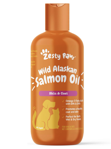Product shot: Bright orange bottle with yellow lettering "Wild Alaskan Salmon Oil"
